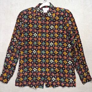 Vintage Tess Silk‎ Blouse Womens M Geometric Button Front Artsy Statement